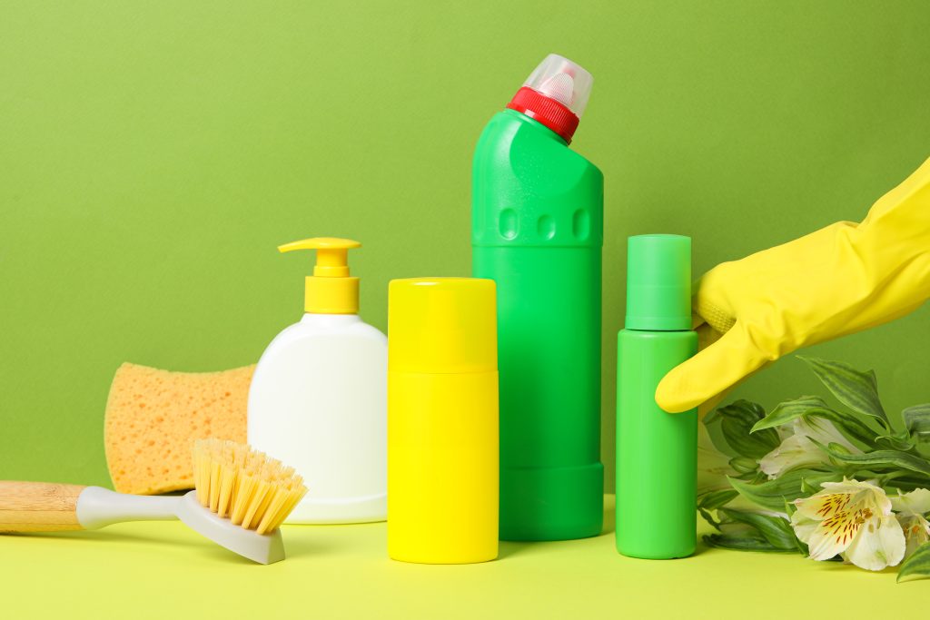 Assortment of eco-friendly cleaning products used in commercial settings.