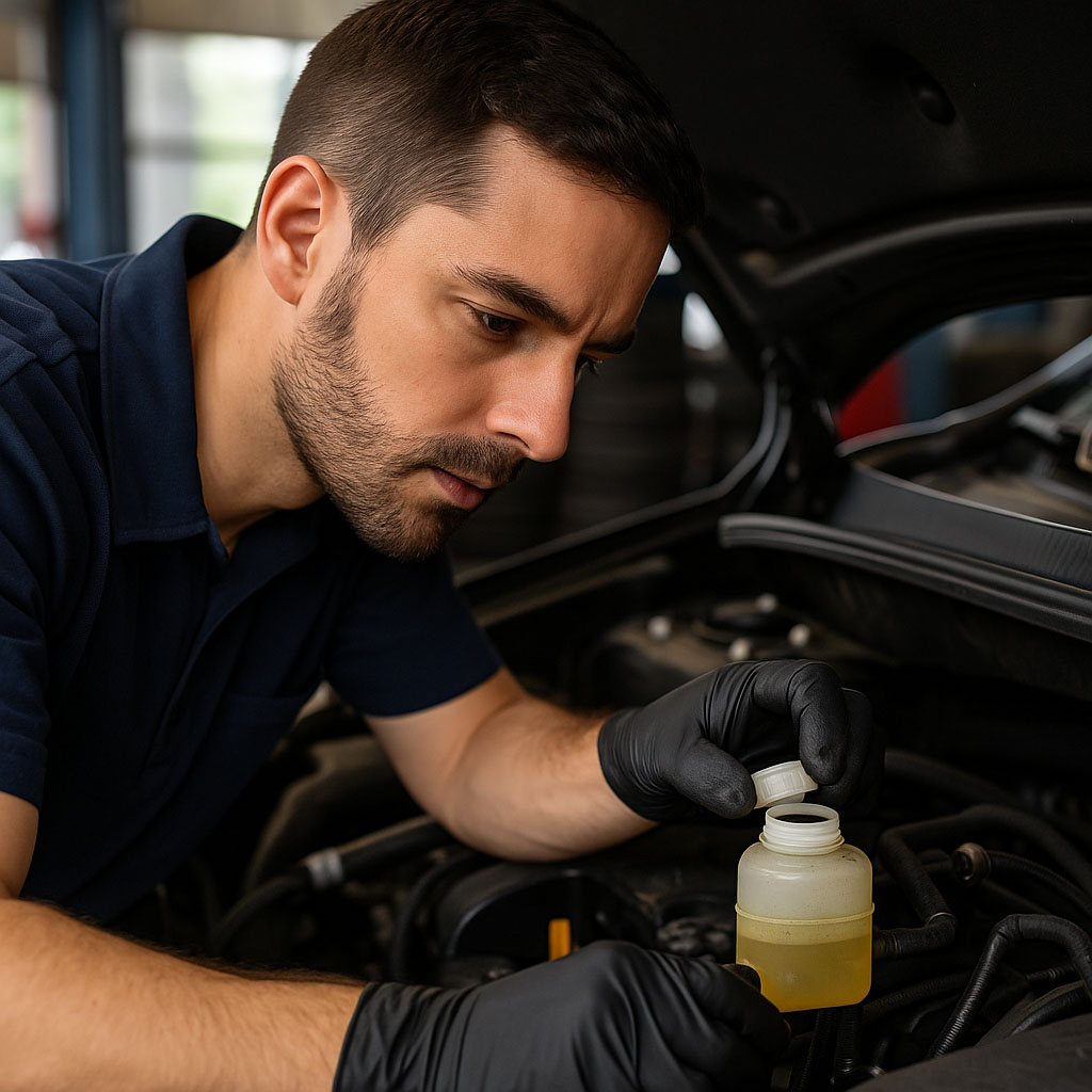 Mechanic inspecting the brake fluid reservoir during routine brake checks under the hood.