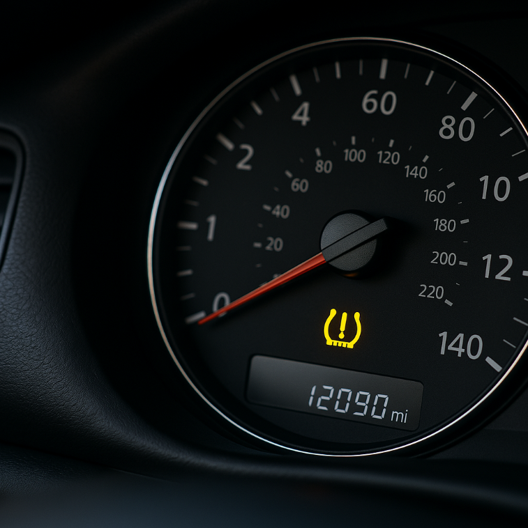 Tire pressure warning light on car dashboard.