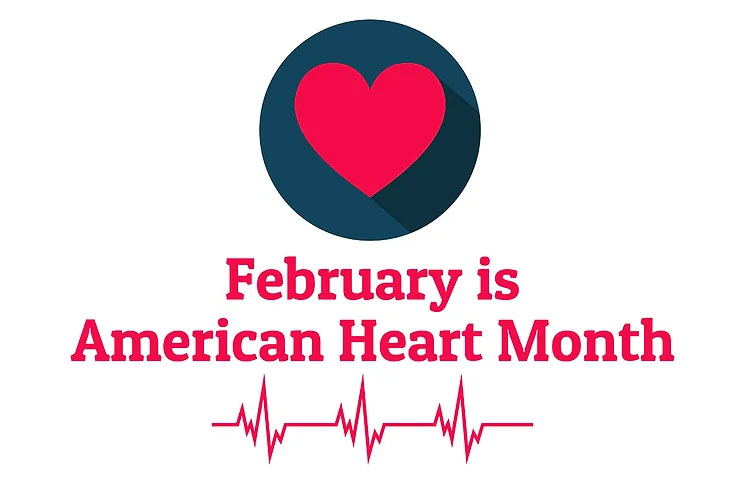 A teal circle with a red heart above “February is American Heart Month” that is placed above a red electrocardiogram.