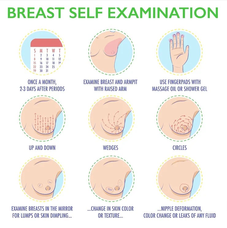 A diagram displaying how to perform a breast self-examination for breast cancer awareness month.