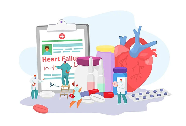 A large red and blue heart sits beside multicolored pill bottles, capsules, doctors, nurses, and a clipboard that reads “heart failure.