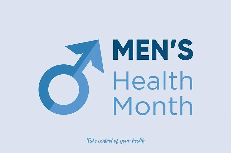 A blue Mars symbol stands beside the words “Men’s Health Month” with the text “Take control of your health” in blue below.