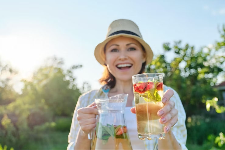 A woman holding a fruit-infused drink during the summer.